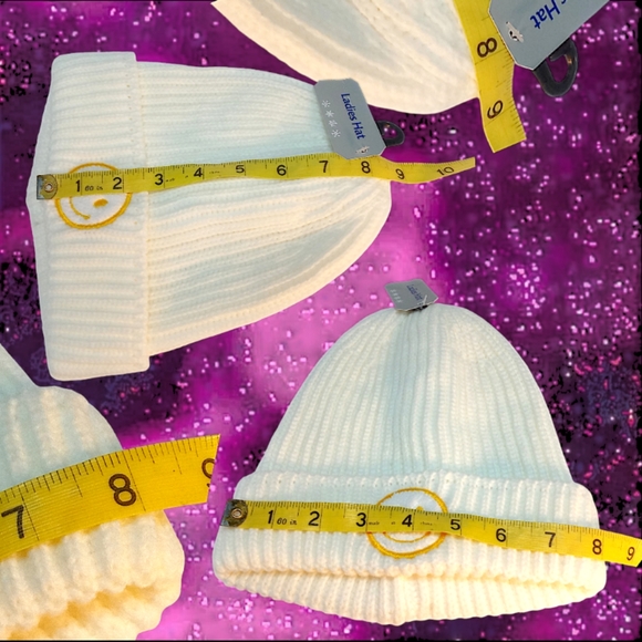 Ladies Smiley Face Ribbed Knit Beanie | Cream 1 Size Fits Most | Old E. Main Co. - Picture 12 of 15